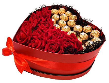 Chocolade Hart met rozen en ferrero Rocher - 28 cm 