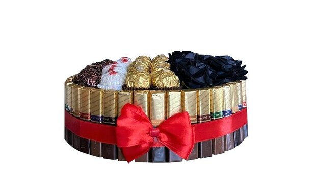 Luxe snoep cirkel Merci chocolade mix met zwarte rozen - 24cm